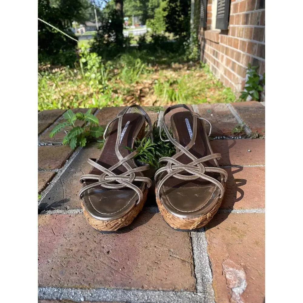Donald J Pliner Bronze Metallic Woven Wedge Slingback Sandals Sz 8.5